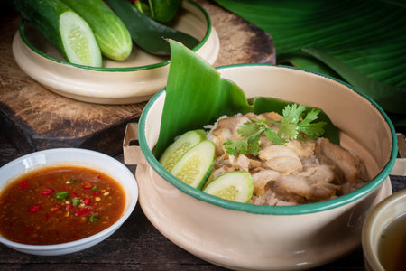 Thai Hainanese Chicken Rice Served in Vintage Enamel Bowl with Cucumber and Corianderの写真素材