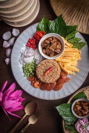 Shrimp Paste Fried Rice, Authentic Thai Traditional Dish with Side Ingredients, Gourmet Thai Food Still Lifeの写真素材