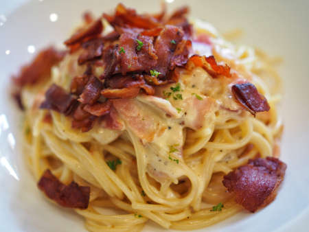 Spaghetti Carbonara italian Style with Baconの写真素材