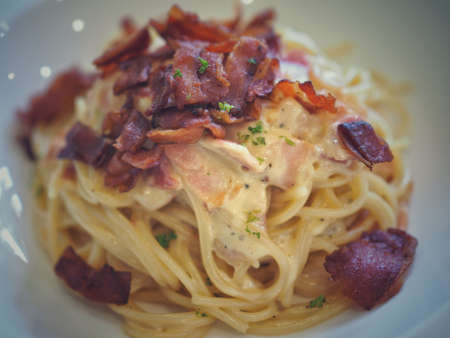 Spaghetti Carbonara italian Style with Baconの写真素材