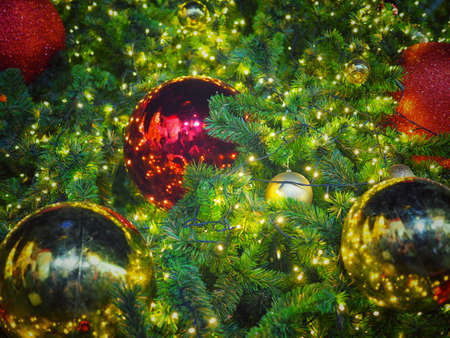Many gold and red ornament shiny ball on Green Christmas tree. Can use for background and add text.の写真素材