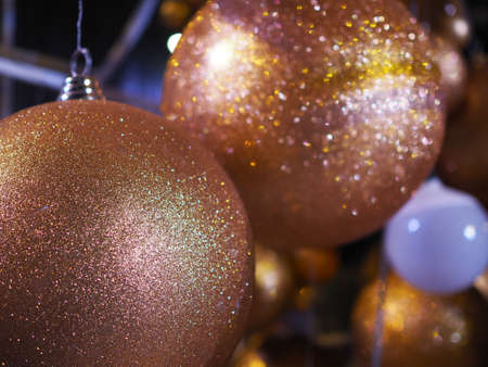 Many Golden balls in Christmas Event . With blur background and have copy space to add your text.の写真素材