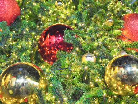 Many gold and red ornament shiny ball on Green Christmas tree. Can use for background and add text.の写真素材