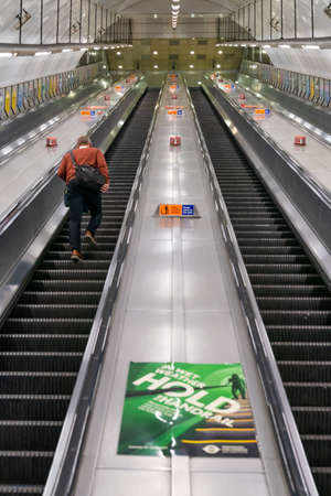 LONDON, ENGLAND - OCTOBER 23, 2020:  London Underground escalators at Holborn Circus station during...