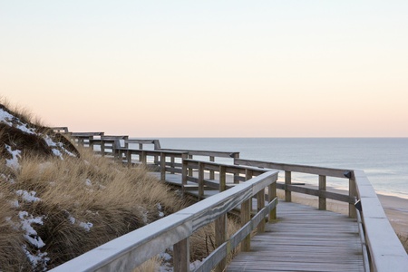 Wooden boardwalk between grassy dunes in the dawnの写真素材