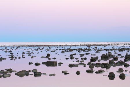 View over the stone desert of Hudson Bay, Canada, during low tide with rocks and stones in the tidal poolsの写真素材
