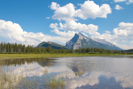 View on beautiful Vermillion Lakes near Banff, Alberta, Canada, with the Canadian Rocky Mountains in the backgroundの写真素材