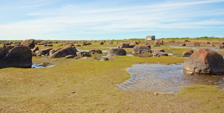 View over the stone desert of Hudson Bay, Canada, during low tide with rocks and stones in the tidal pools and a cabin in the backgroundの写真素材