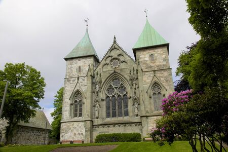 Exterior of the famous Stavanger Domkirke, a medieval cathedral in Stavanger city, Norwayの写真素材