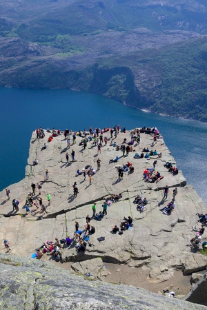 View over the world famous Preikestolen - or pulpit rock - over the Lysefjord, Norwayのeditorial素材