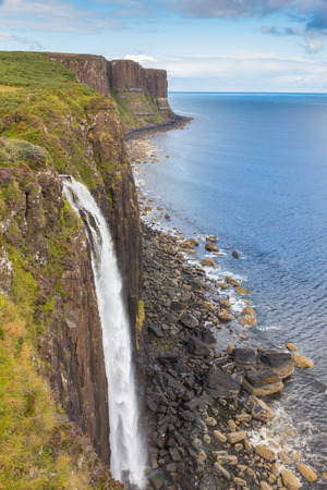 Famous Kilt Rock and a waterfall in the foreground on the Isle of Skye, Scotlandの写真素材