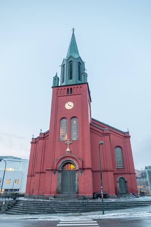 Beatiful red St. Peter Church or St. Petri Kirke in Stavanger city, Norwayの写真素材