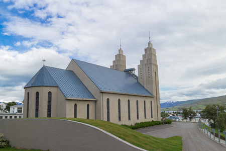 Famous church of Akureyri city, Icelandの写真素材