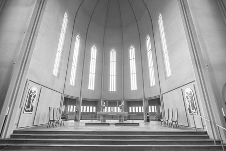Altar room of famous Hallgrimskirkja cathedral in the city centre of Reykjavik, Icelandのeditorial素材
