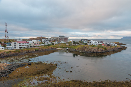 View over the small city and bay of Stykkisholmur, Snaefellsnes peninsula, Icelandの写真素材