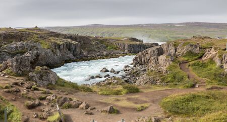 River and Geitafoss rapids behind famous Godafoss waterfallの写真素材