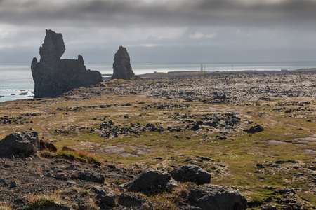 Strange lava formations, called Londrangar, at the south coast of Snaefellsnes peninsula, Icelandの写真素材