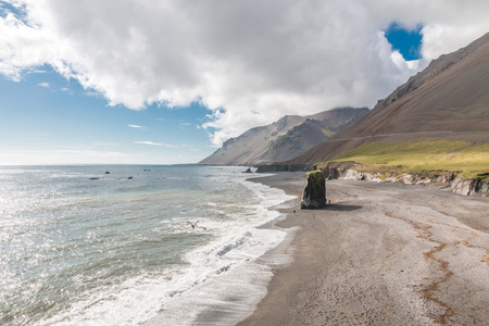 Volcanic black sand beach with harsh rocks in Austurland, eastern Icelandの写真素材