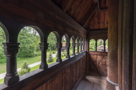 Exterior of one of the famous Norwegian wooden stave churches, located on Bygdoy island, Oslo, Norwayの写真素材