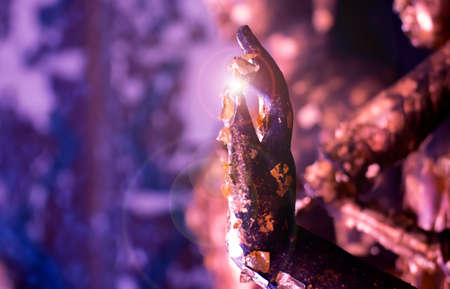 black hand of  buddha statue with yellow light.の写真素材