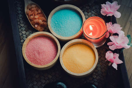 Spa treatments .Salt spa,salt in bowl for spa treatment.Thai spa massageの写真素材