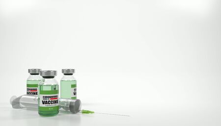 Coronavirus vaccine. A syringe with a needle, and ampoules with a vaccine. Coronavirus vaccination. Injection, COVID 19 Coronavirus Antidote. 3D Illustrationの写真素材