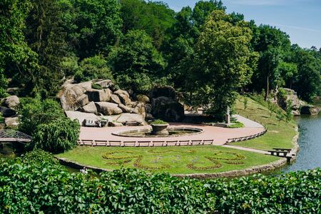 Sofia Park, Ukraine. Picturesque park with large stones and tall trees. Beautiful panorama of the dendrological park.の写真素材