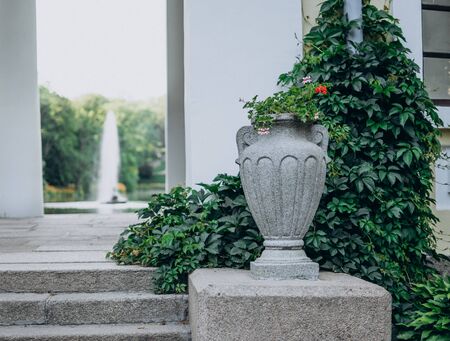 Uman, Ukraine. Stone vase with flowers at the entrance to the gazebo. Classic stone vase with red flowers on the stairs. Gazebo in the park with a flower arrangementの写真素材