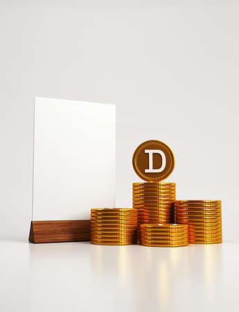 stack of gold coins dogecoin high cryptocurrency price. tablet with place for text, gold coins cryptocurrency dogecoin on a light background. 3d illustrationの写真素材