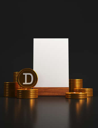 stack of gold coins dogecoin high cryptocurrency price. poster with place for text and gold coins cryptocurrency dogecoin on a dark background. 3d illustrationの写真素材