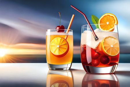 Cocktails with ice cubes, orange and cherry. Colorful 3D illustration.の素材