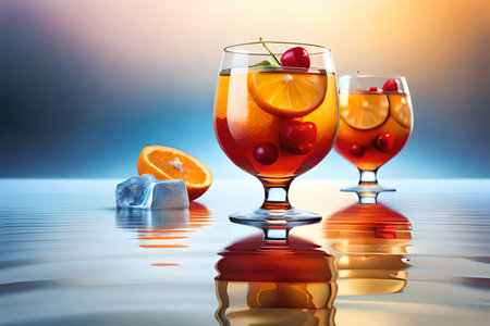 Cocktails with ice cubes, orange and cherry. Colorful 3D illustration.の素材