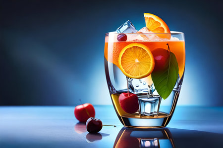 Cocktails with ice cubes, orange and cherry. Colorful 3D illustration.の素材