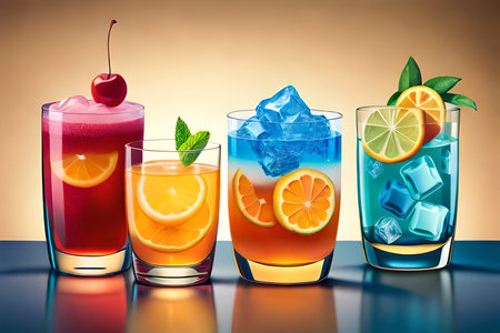 Cocktails with ice cubes, orange and cherry. Colorful 3D illustration.の素材