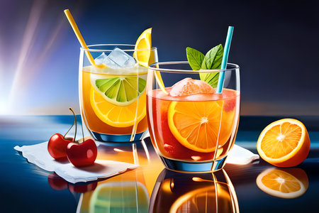 Cocktails with ice cubes, orange and cherry. Colorful 3D illustration.の素材