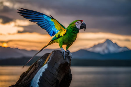 Colorful parrot isolated on black backgroundの素材
