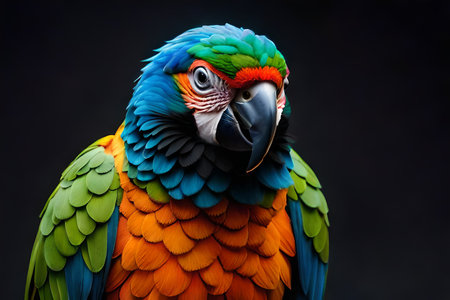 Colorful parrot isolated on black backgroundの素材