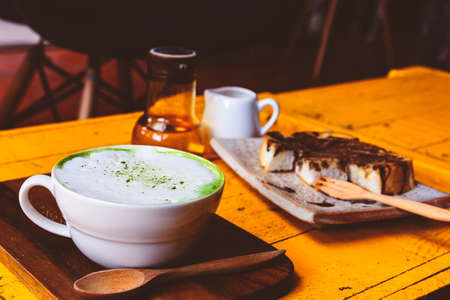 Hot green tea on the coffee tableの写真素材