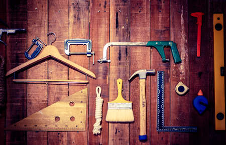 Hand tools are stored on the wall.の写真素材