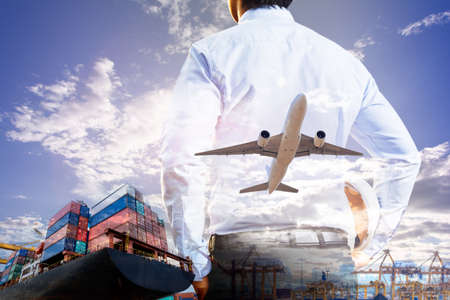Businessman with shipping and plane.の写真素材