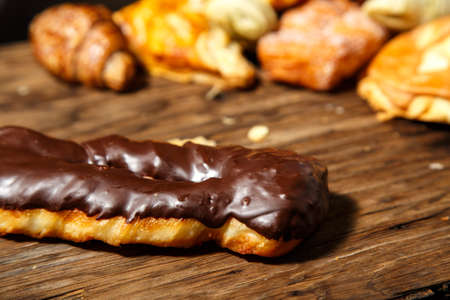 Chocolate cake on wooden tableの写真素材