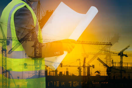 Engineers are working at building sites.の写真素材