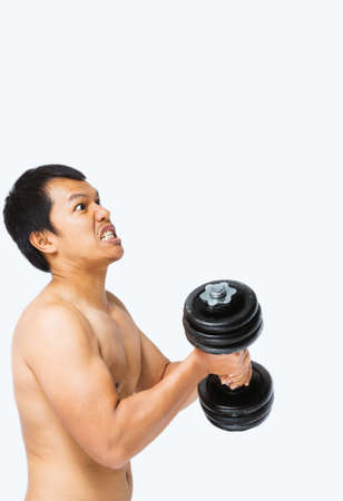 A man is lifting weights isolated on whiteの写真素材