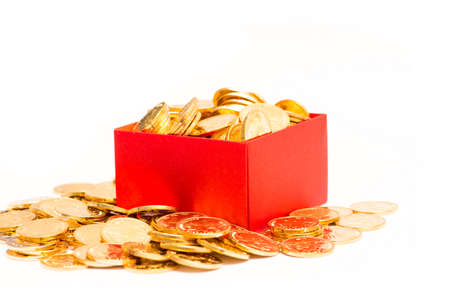 gold coins in red box on white background