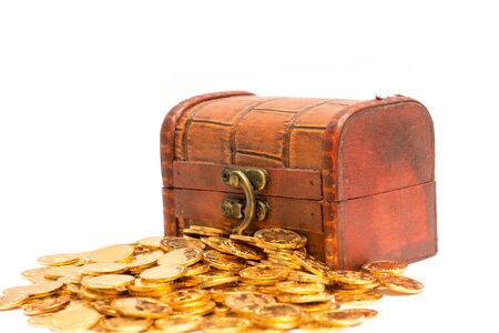 gold coins with wooden boxの写真素材