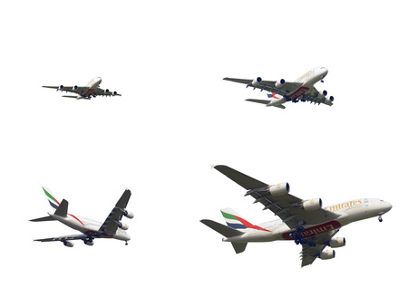 SHANGHAI, CHINA, April 2, 2015: Emirates Airline Airbus A380 (A6-EEC) flying in the sky. Airbus A380 is the world's biggest jet airlinerのeditorial素材