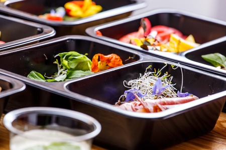 Healthy food and diet concept, restaurant dish delivery. Take away of fitness meal. Weight loss...