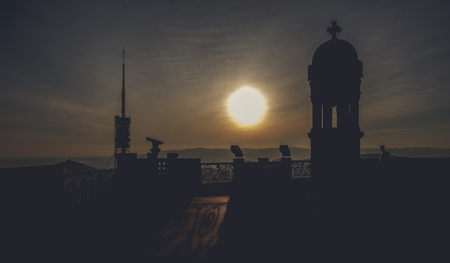 Panoramic mountain landscape in a city Barcelona. Europa, Barcelona, Spain. Old Building in Barcelona, Spain. Top view of the city. Barselona panorama. Temple Sacred Heart of Jesus on Tibidabo in Barcelonaの写真素材