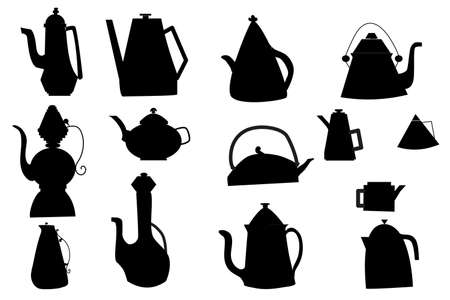 Set of teapots in black colour. Silhouette.のイラスト素材