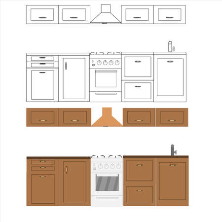 Flat and line kitchen design. Vector illustration.のイラスト素材